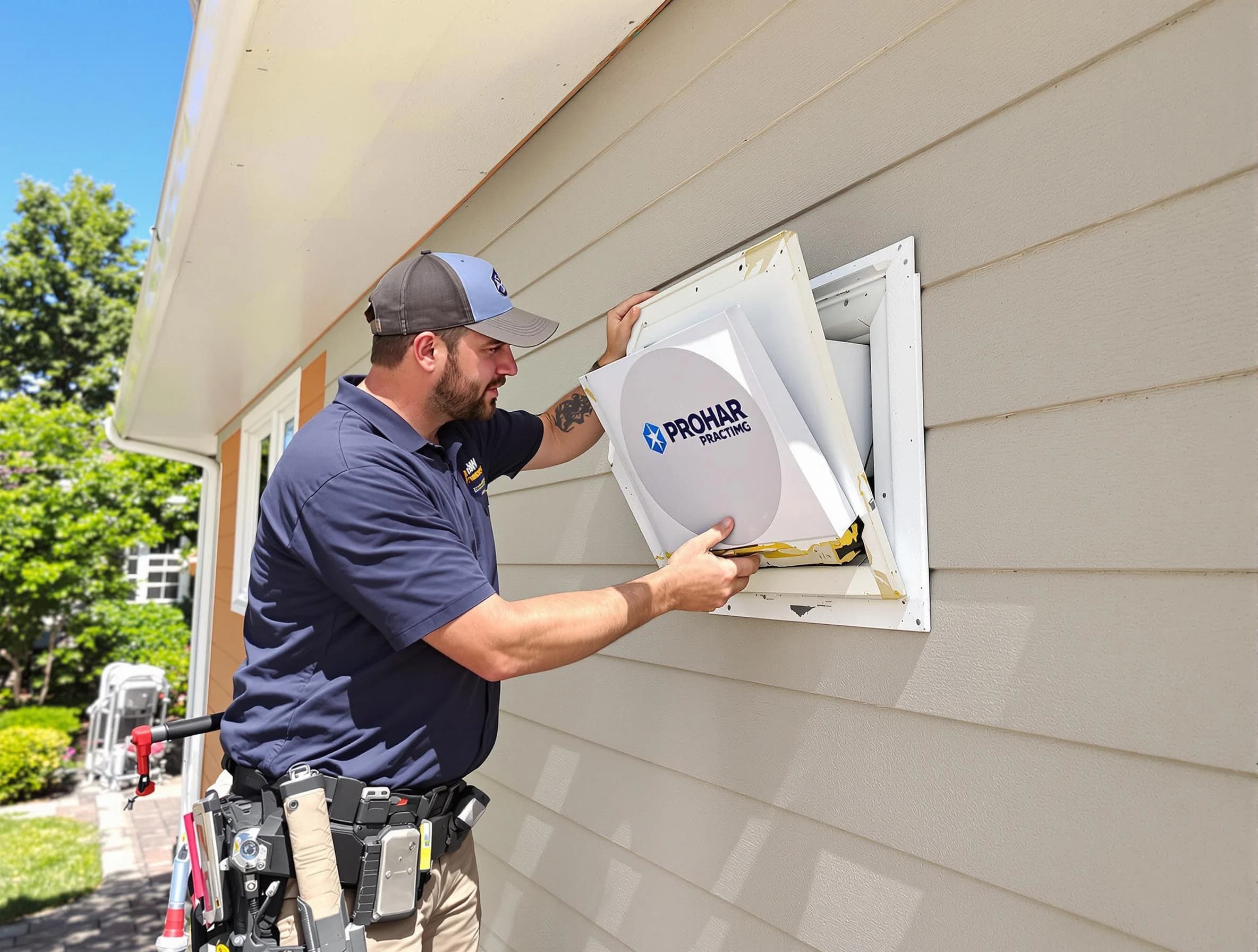 Billerica Dryer Vent Cleaning technician installing a new protective dryer vent cover on a home in Billerica