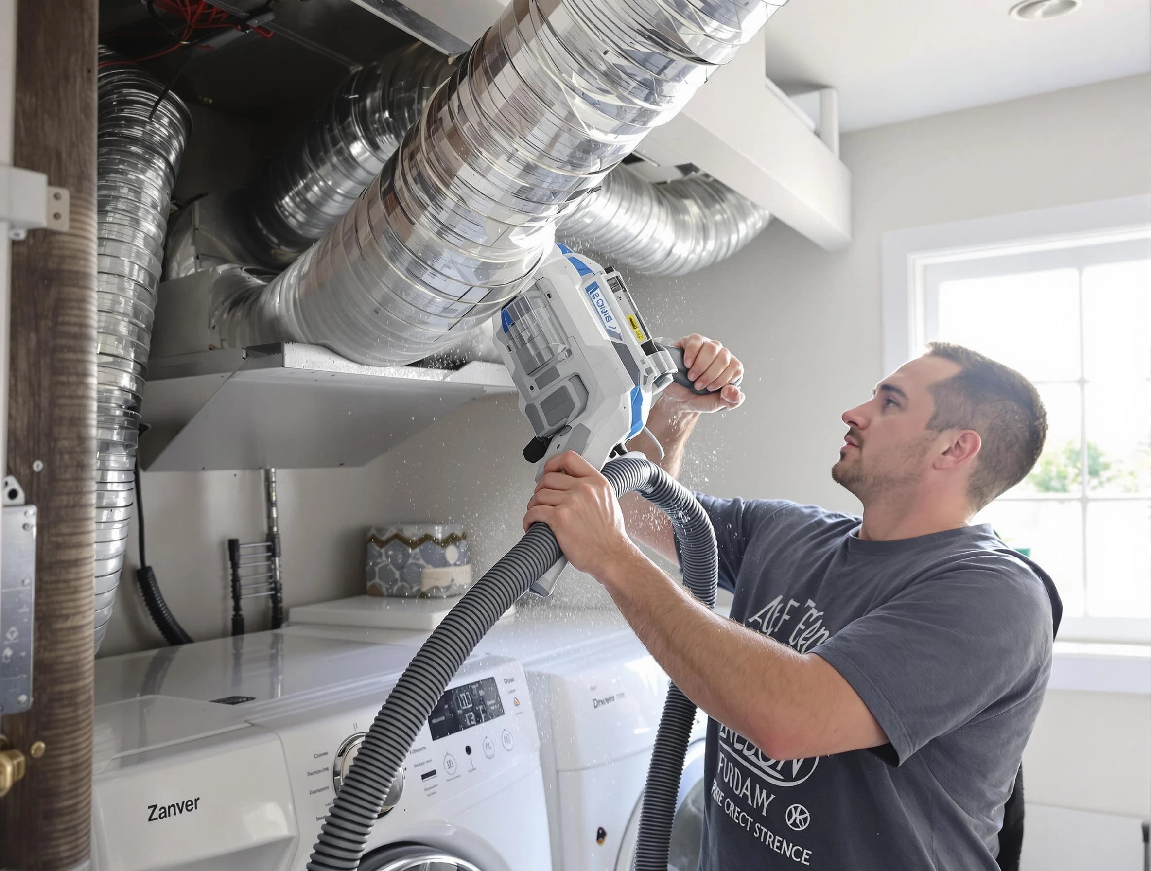 Billerica Dryer Vent Cleaning specialist cleaning deep within a dryer vent duct system in Billerica