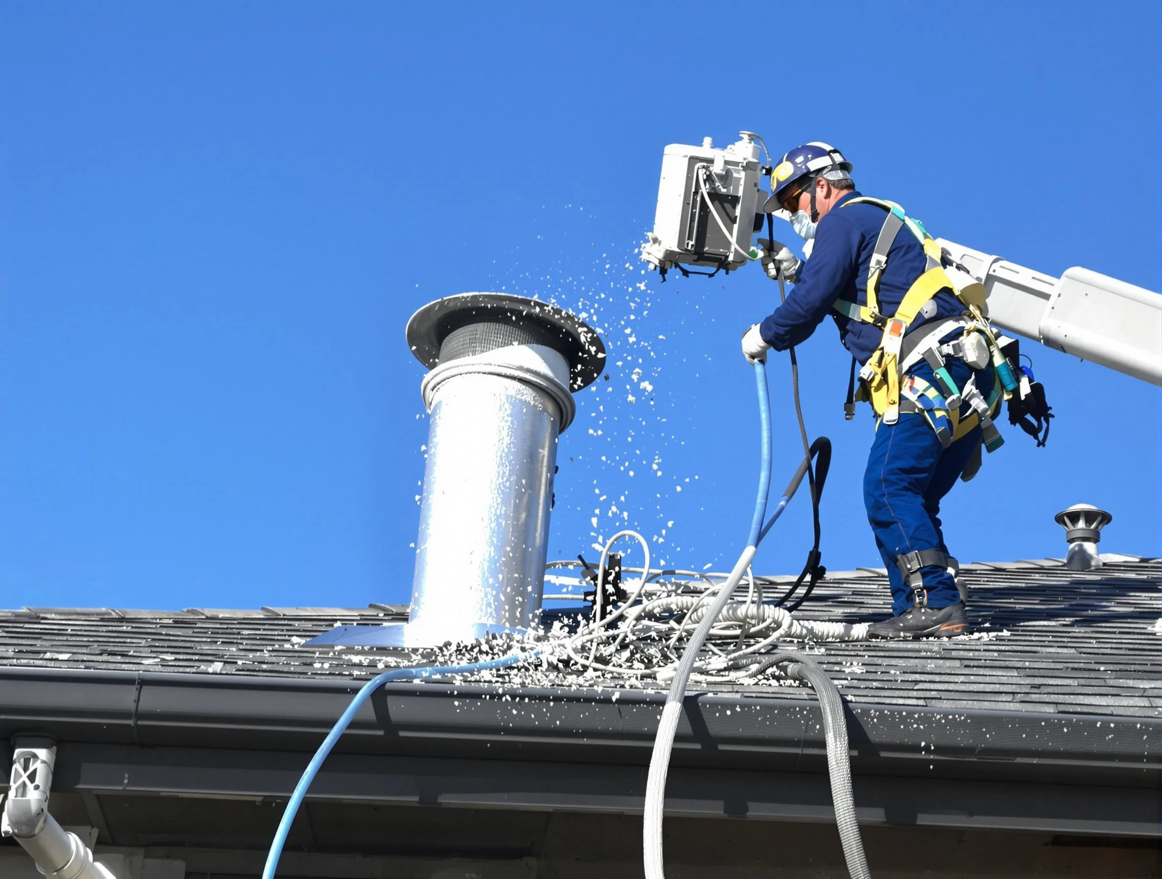 Billerica Dryer Vent Cleaning certified technician safely cleaning a roof-mounted dryer vent in Billerica