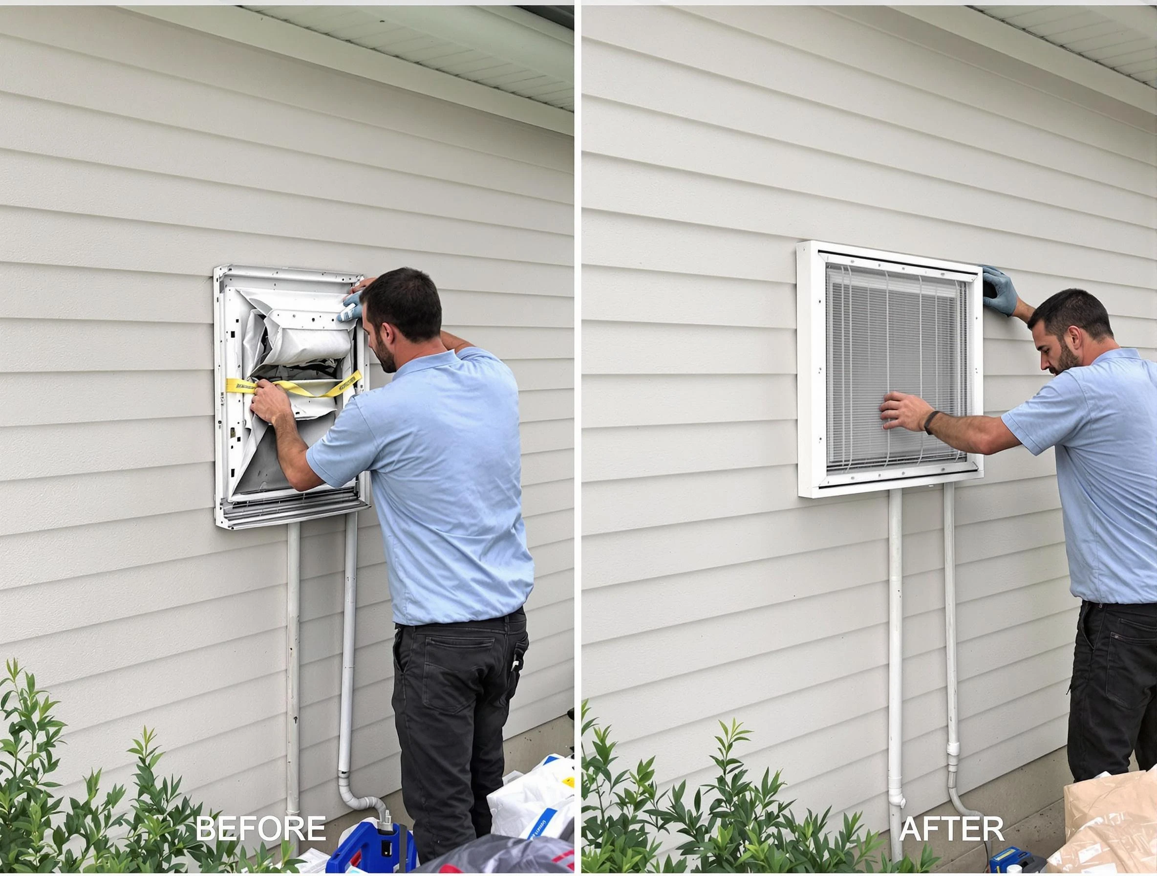 Billerica Dryer Vent Cleaning technician installing high-quality dryer vent cover at a residential property in Billerica